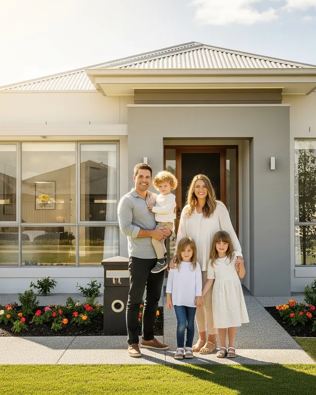Happy family in front of their new home - Your Mortgage Assistant helps Adelaide families achieve homeownership dreams with expert mortgage advice and personalized home loan solutions